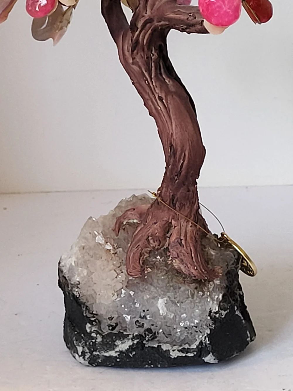 Pink Agate Gemstone Wire Bonsai Tree Of Life on Quartz Crystal Base 7